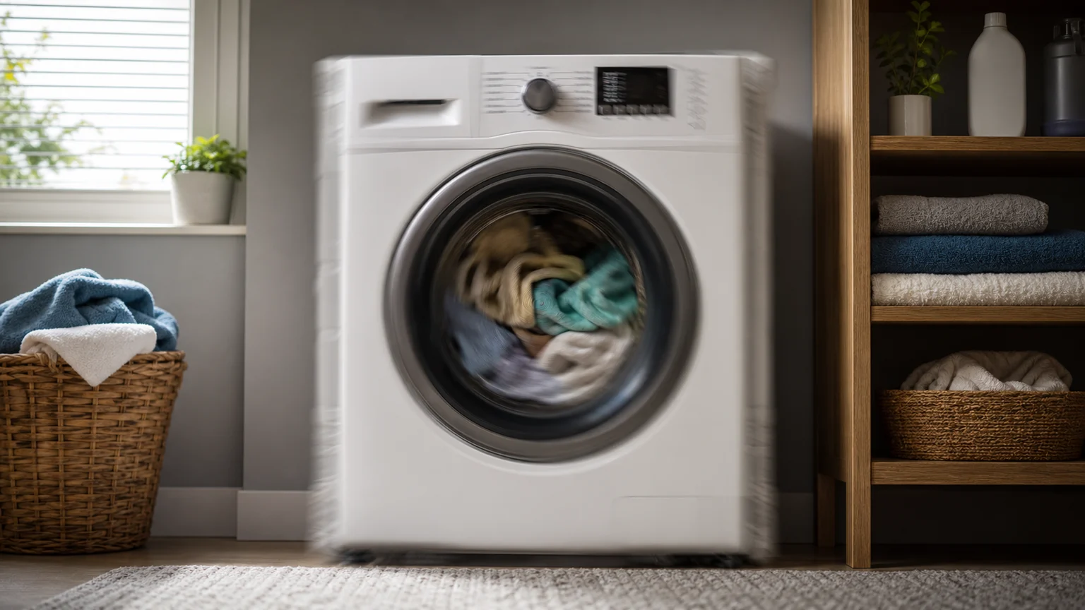 Front-loading washing machine in spin cycle showing vibration