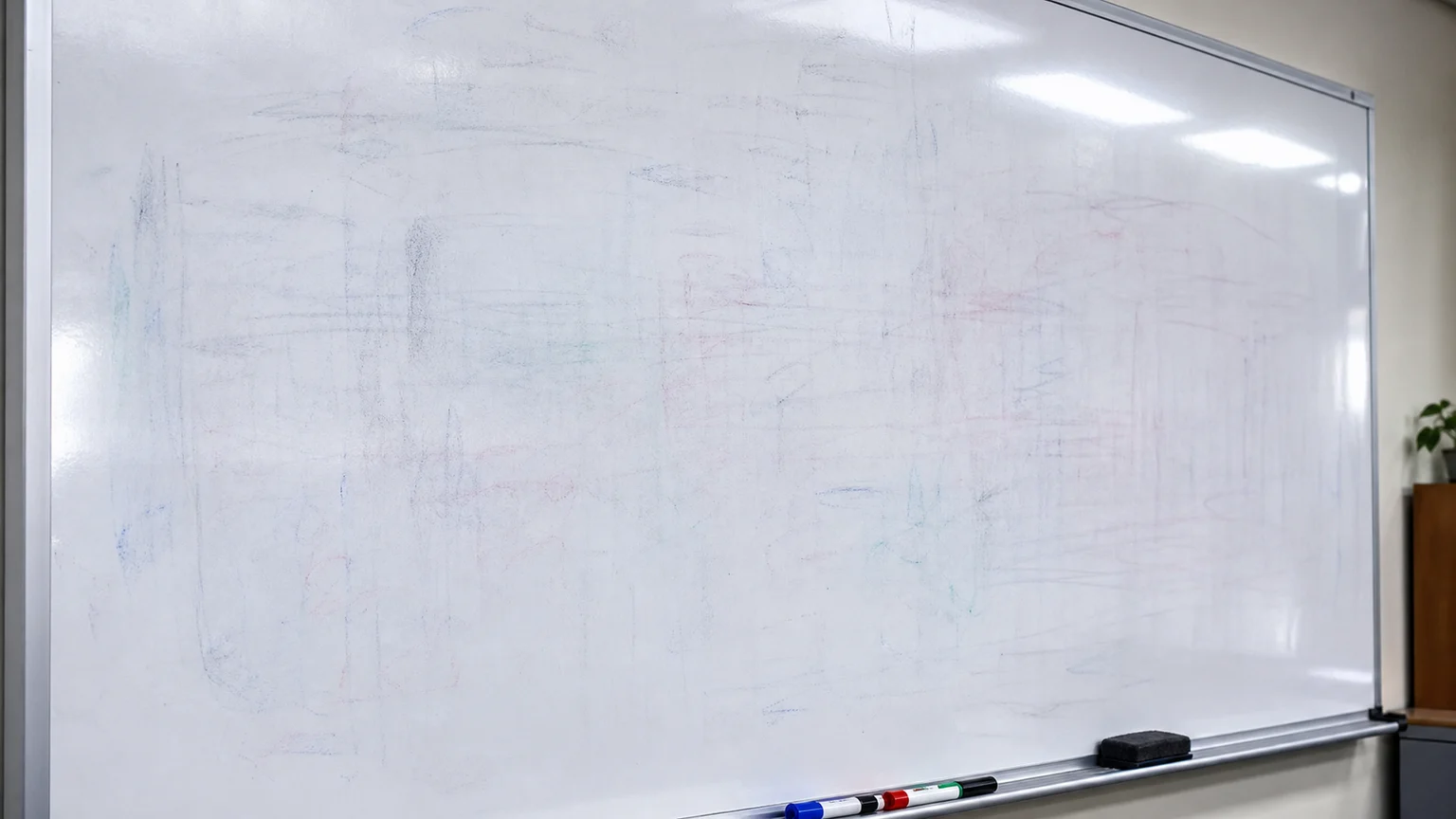 Whiteboard showing ghosted text and grey staining from repeated use