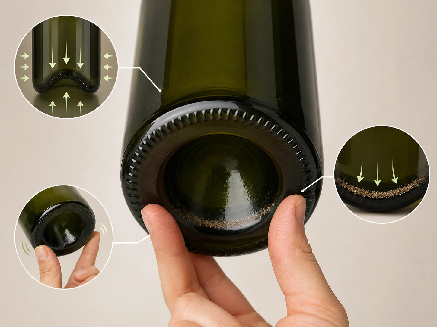 Cross-section diagram of a wine bottle showing the punt and labeled callout zones