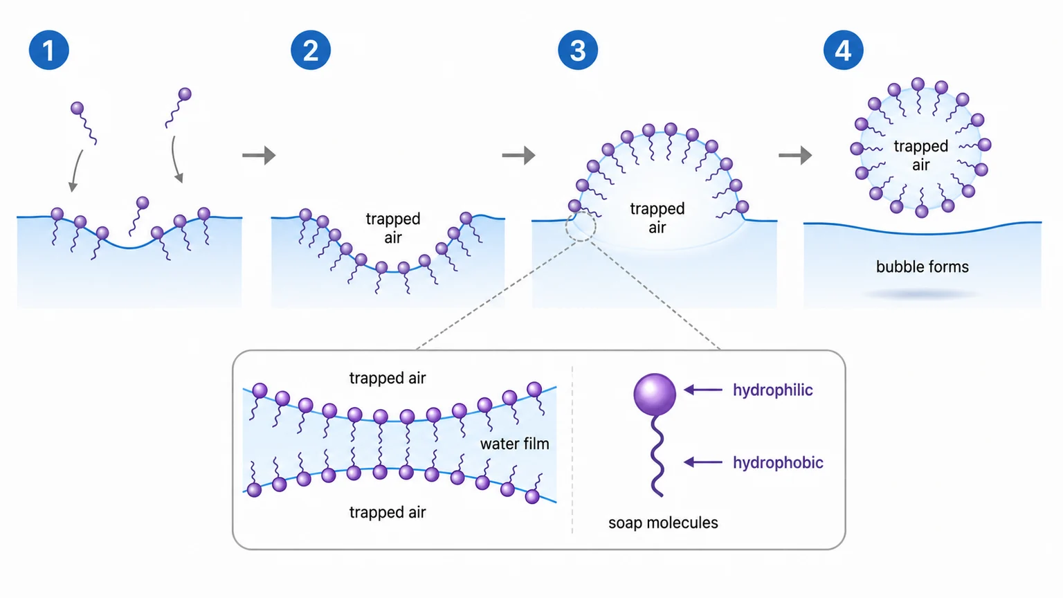 Diagram showing cross-section of a soap bubble wall with molecular structure labelled
