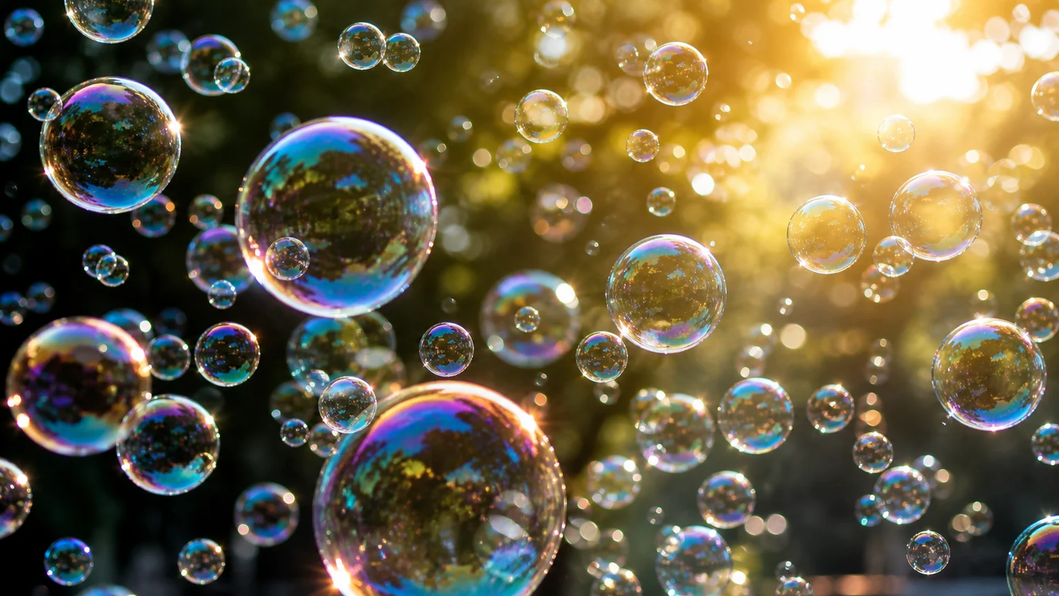 Soap bubbles reflecting light on a surface