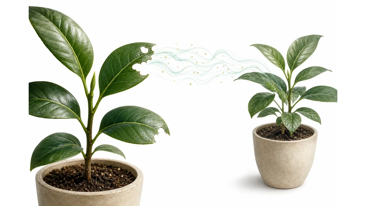 Editorial illustration of a plant releasing chemical signals after being damaged