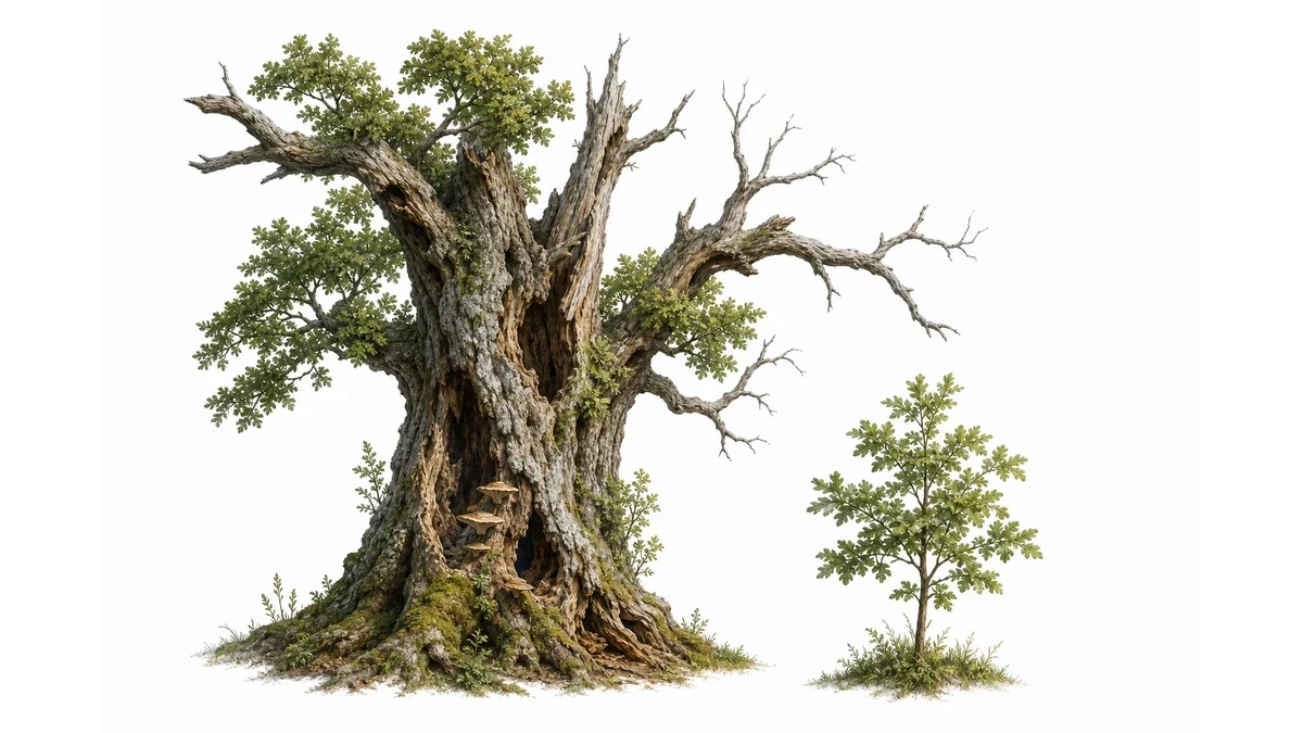 Editorial illustration of an old tree with visible signs of disease