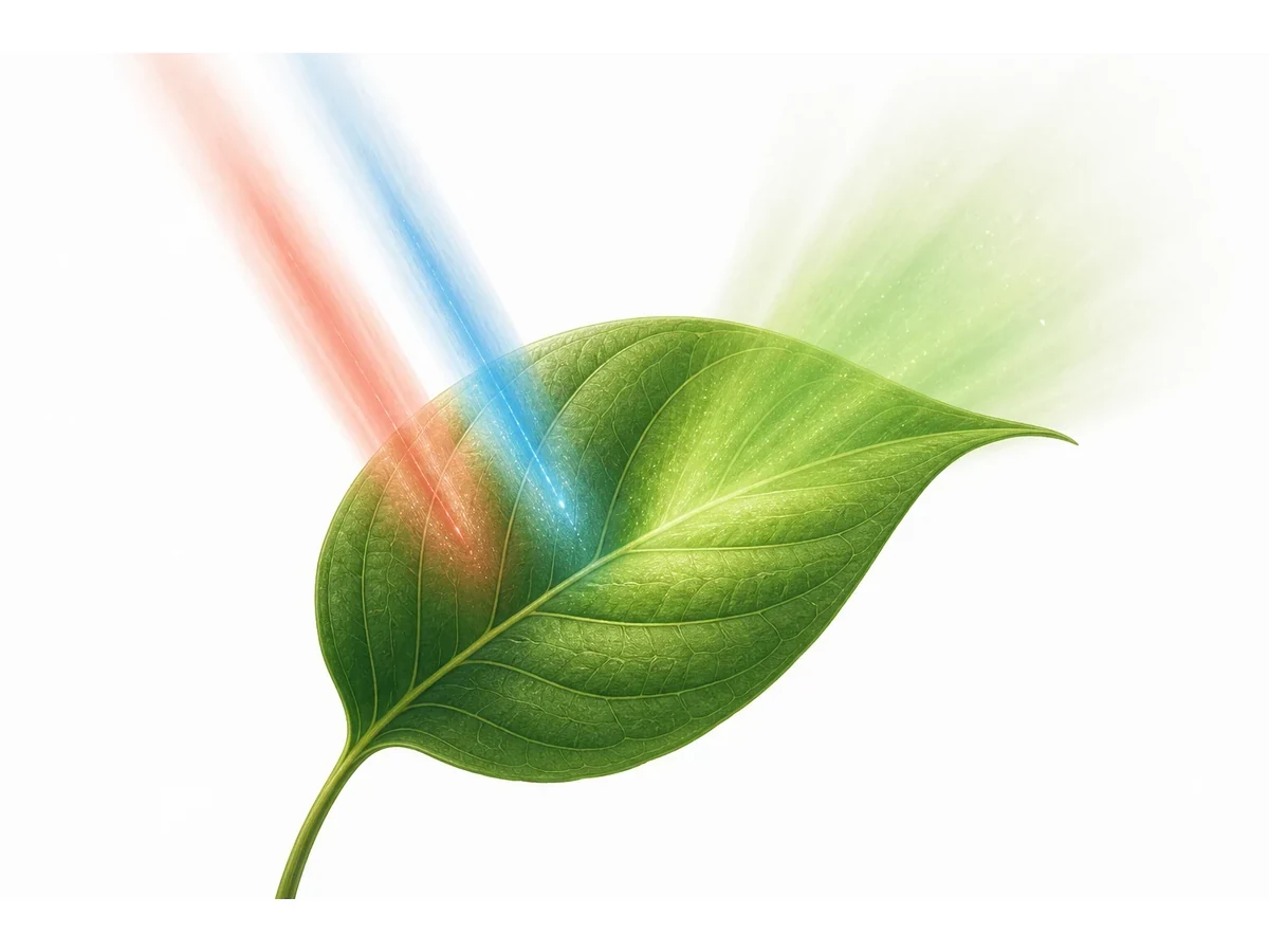 Diagram showing chlorophyll absorbing red and blue light and reflecting green light