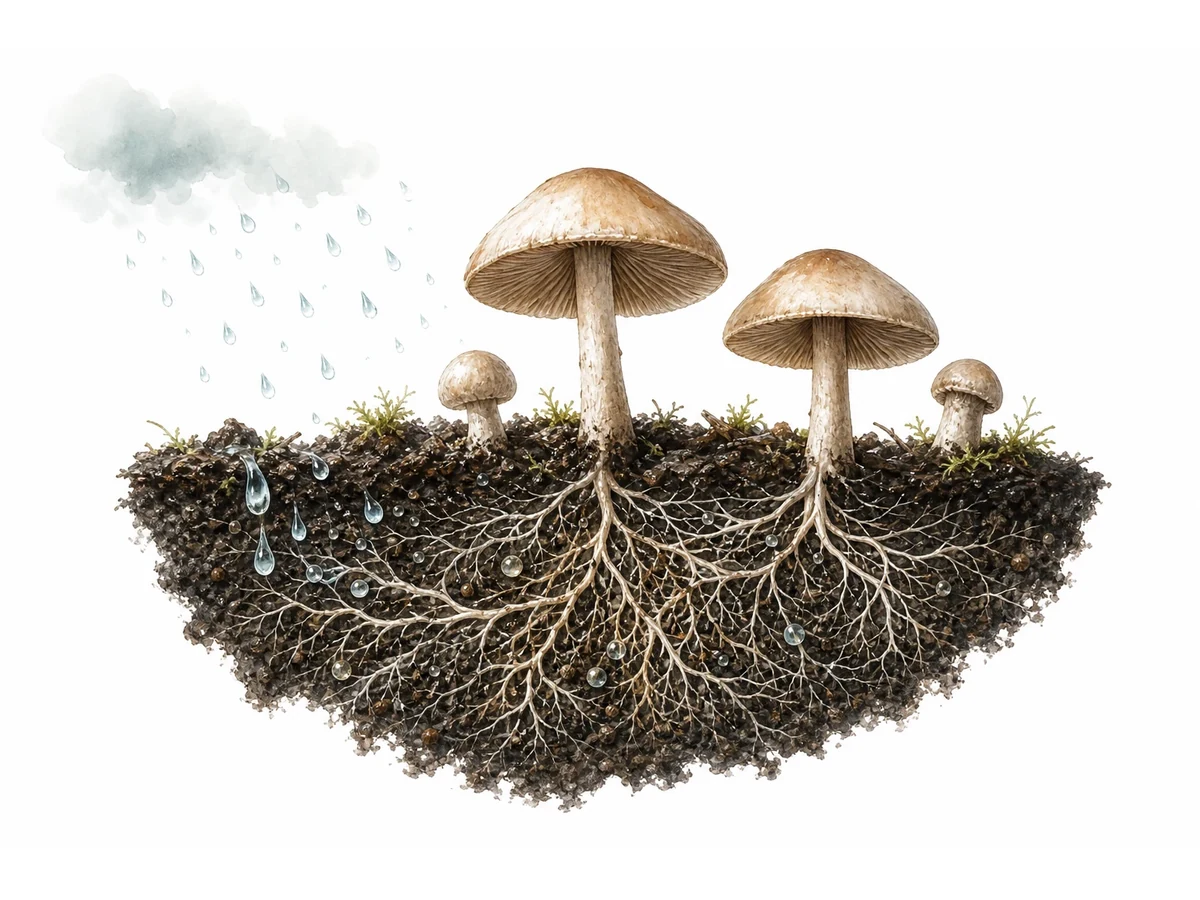 Diagram showing mycelium underground and mushrooms emerging