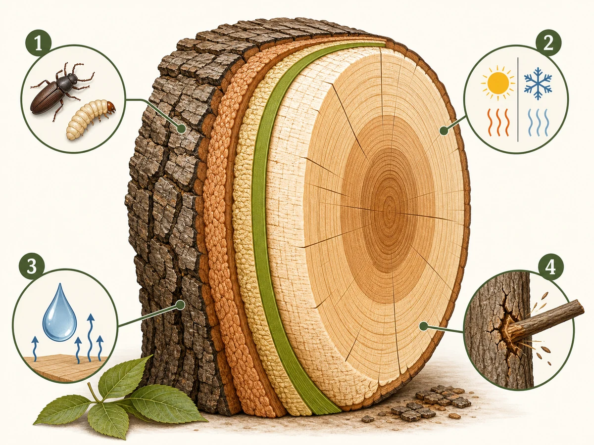Diagram showing tree bark layers and protection from insects, weather, water loss, and injury