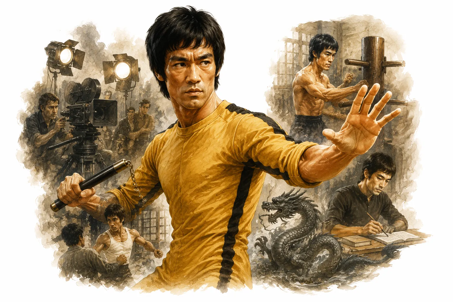 Editorial illustration of Bruce Lee in a classic fighting stance with documentary style framing