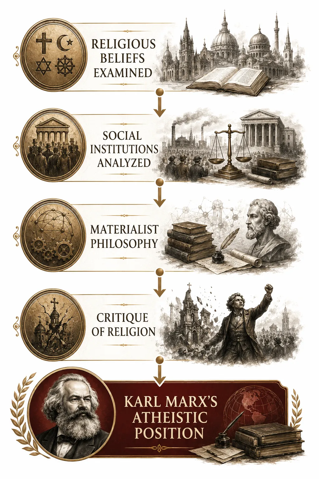 Diagram showing Marx's critique of religion as an illusion that masks exploitation