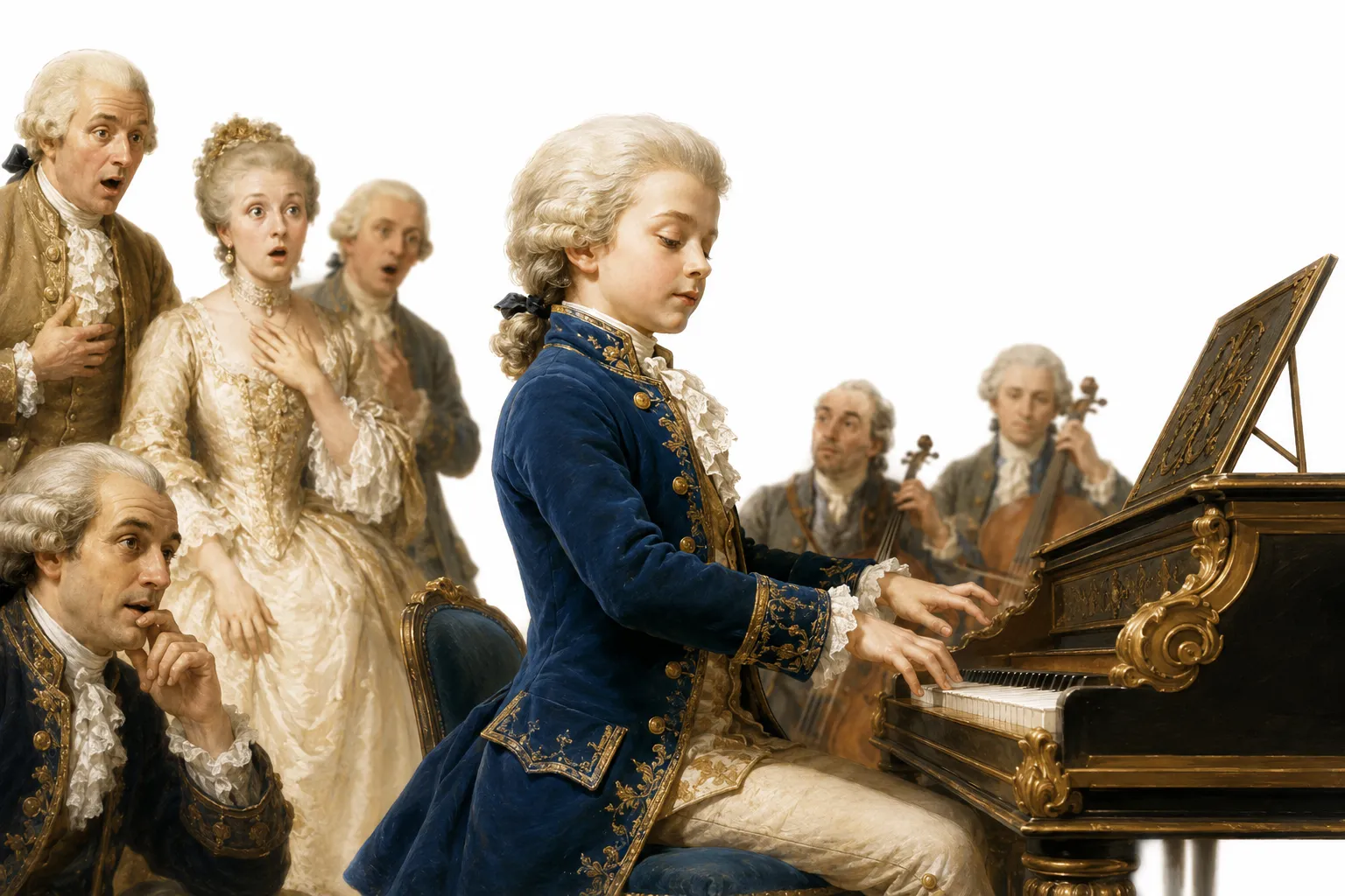 Editorial illustration of young Mozart playing piano for royalty