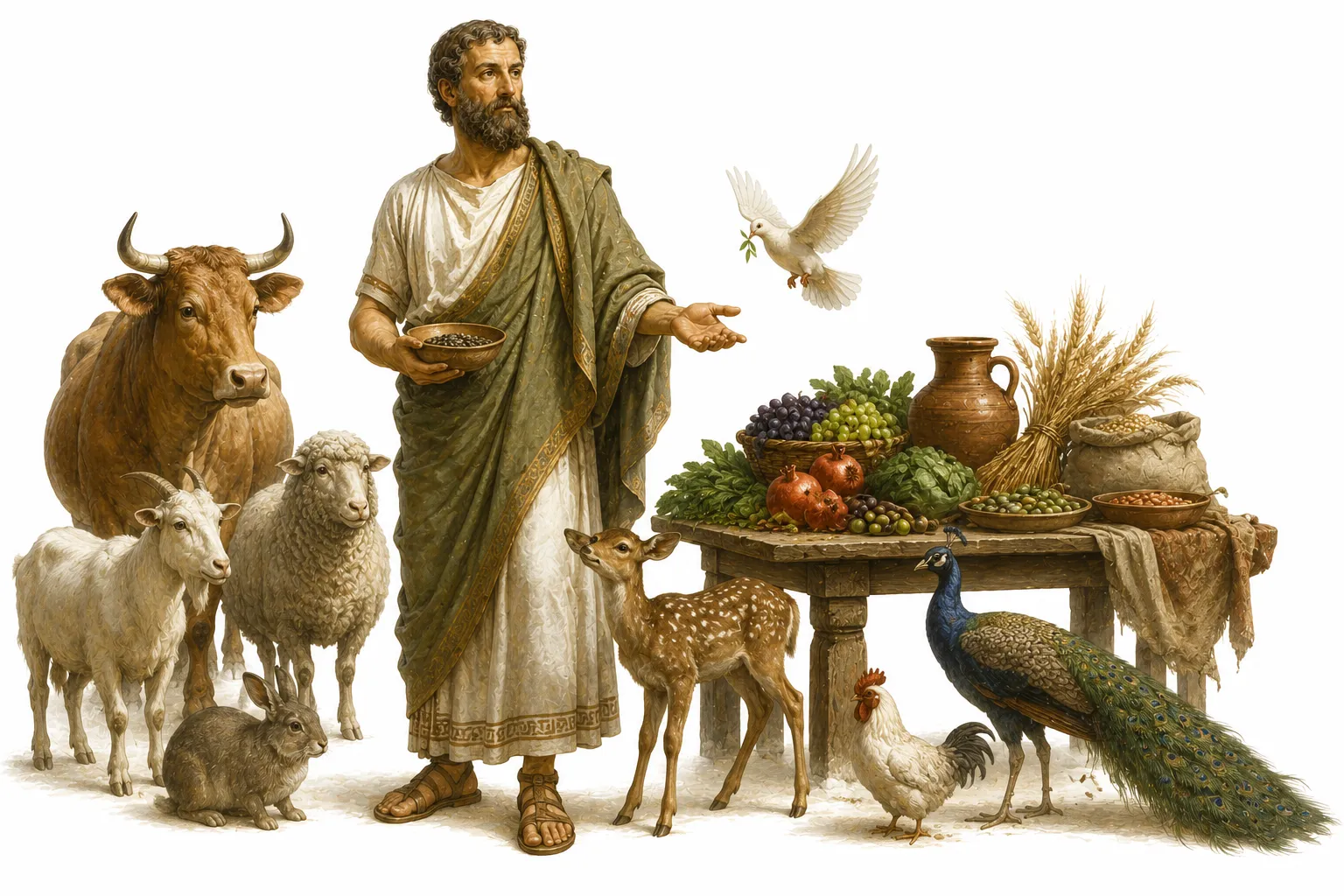 Editorial illustration of Pythagoras eating a vegetarian meal with fruits and vegetables