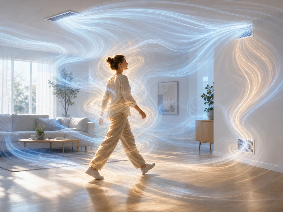 Editorial illustration of swirling visible air currents around a person walking