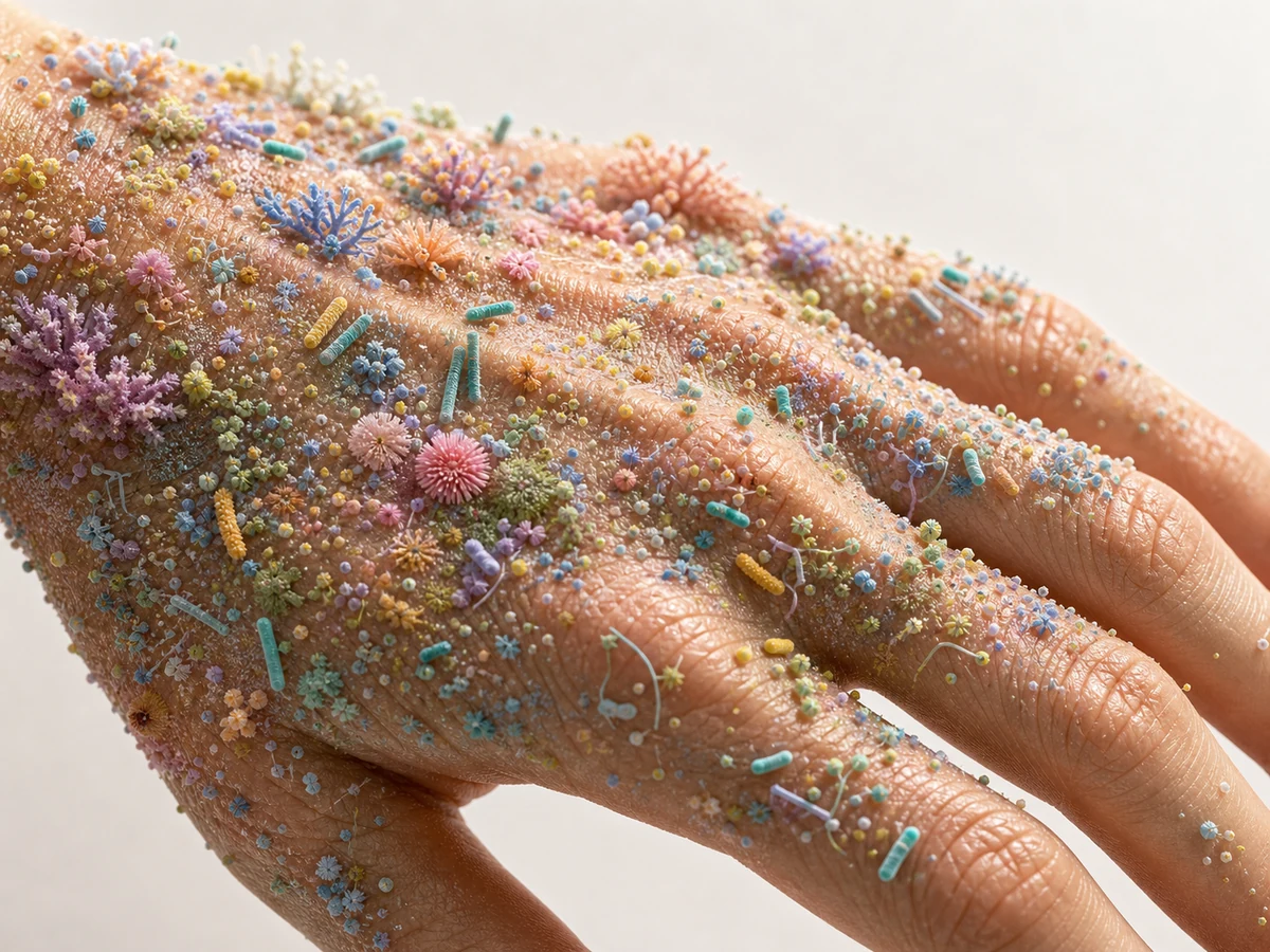 Editorial illustration of a hand covered in colorful visible bacterial colonies