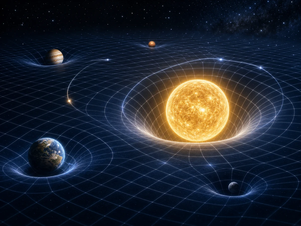 Editorial illustration of planets sitting in curved dents on a grid representing warped spacetime