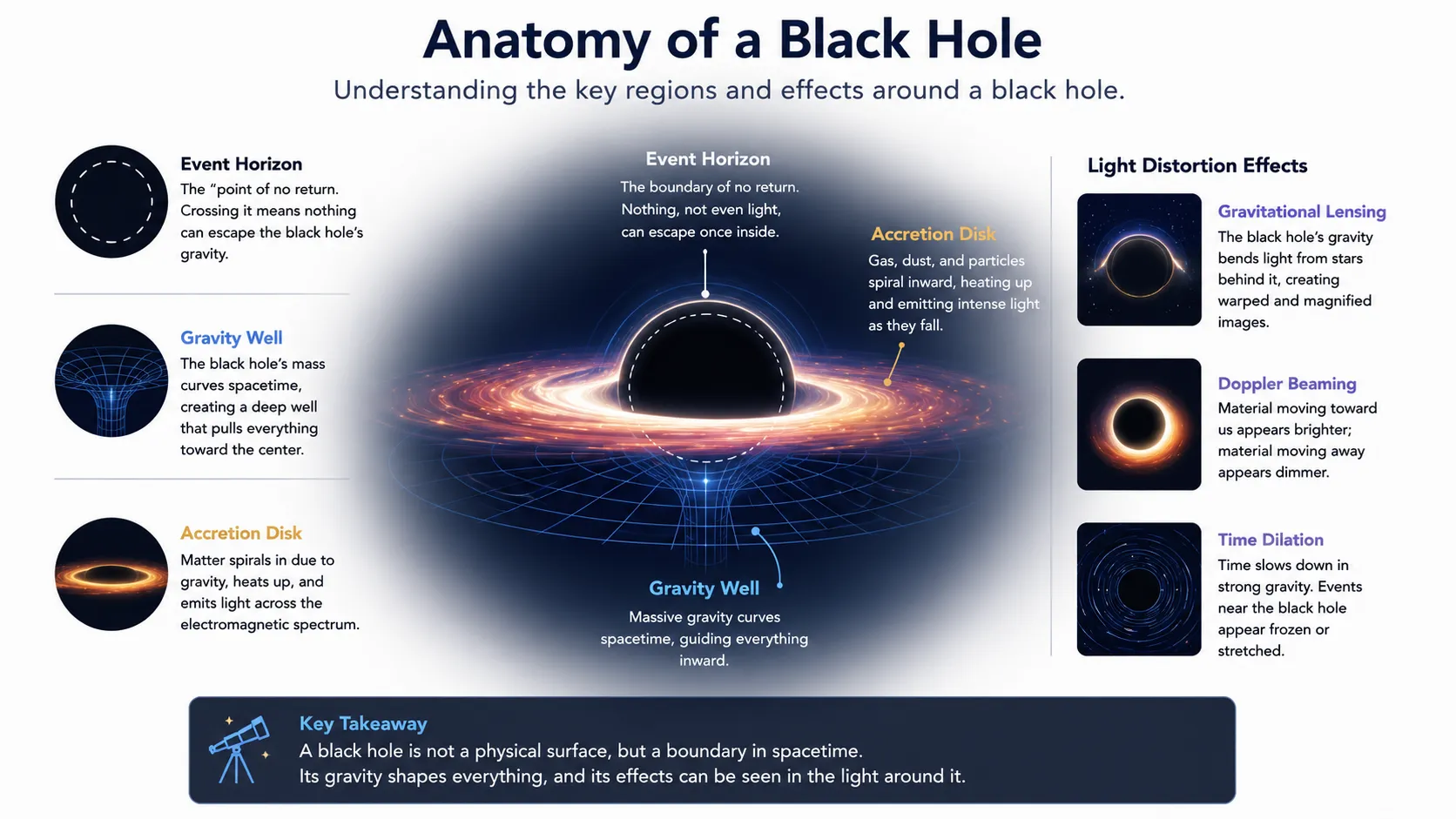 Diagram of a black hole showing singularity, event horizon, photon sphere, and accretion disk