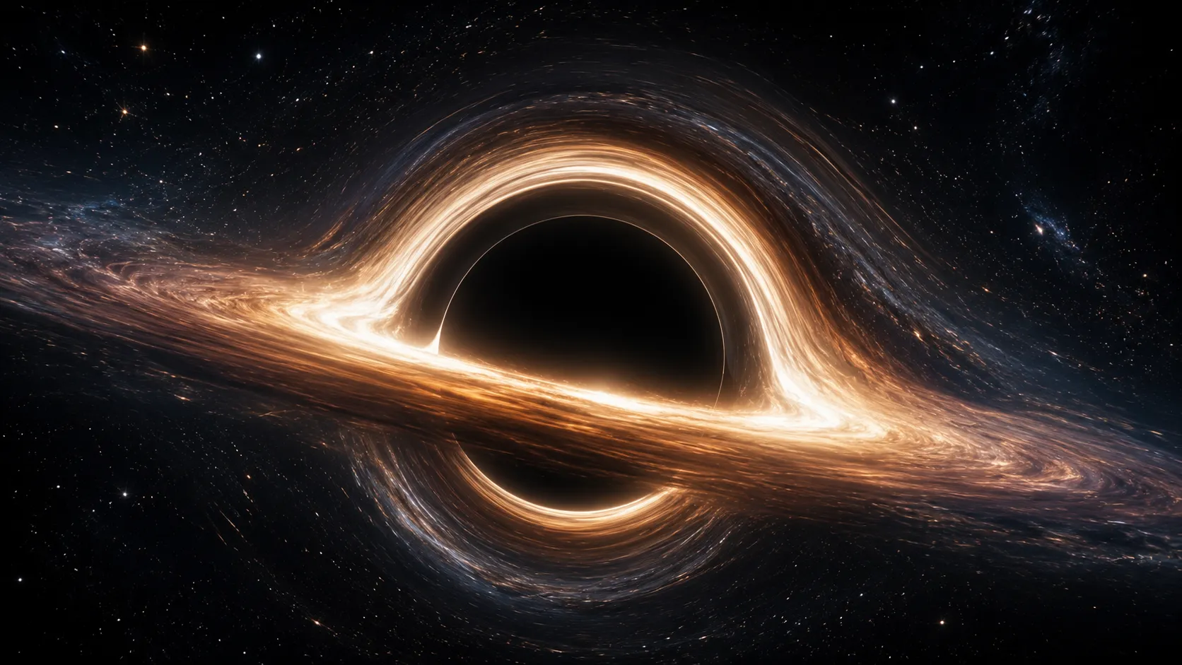 Illustration of a black hole with a glowing accretion disk and spacetime distortion