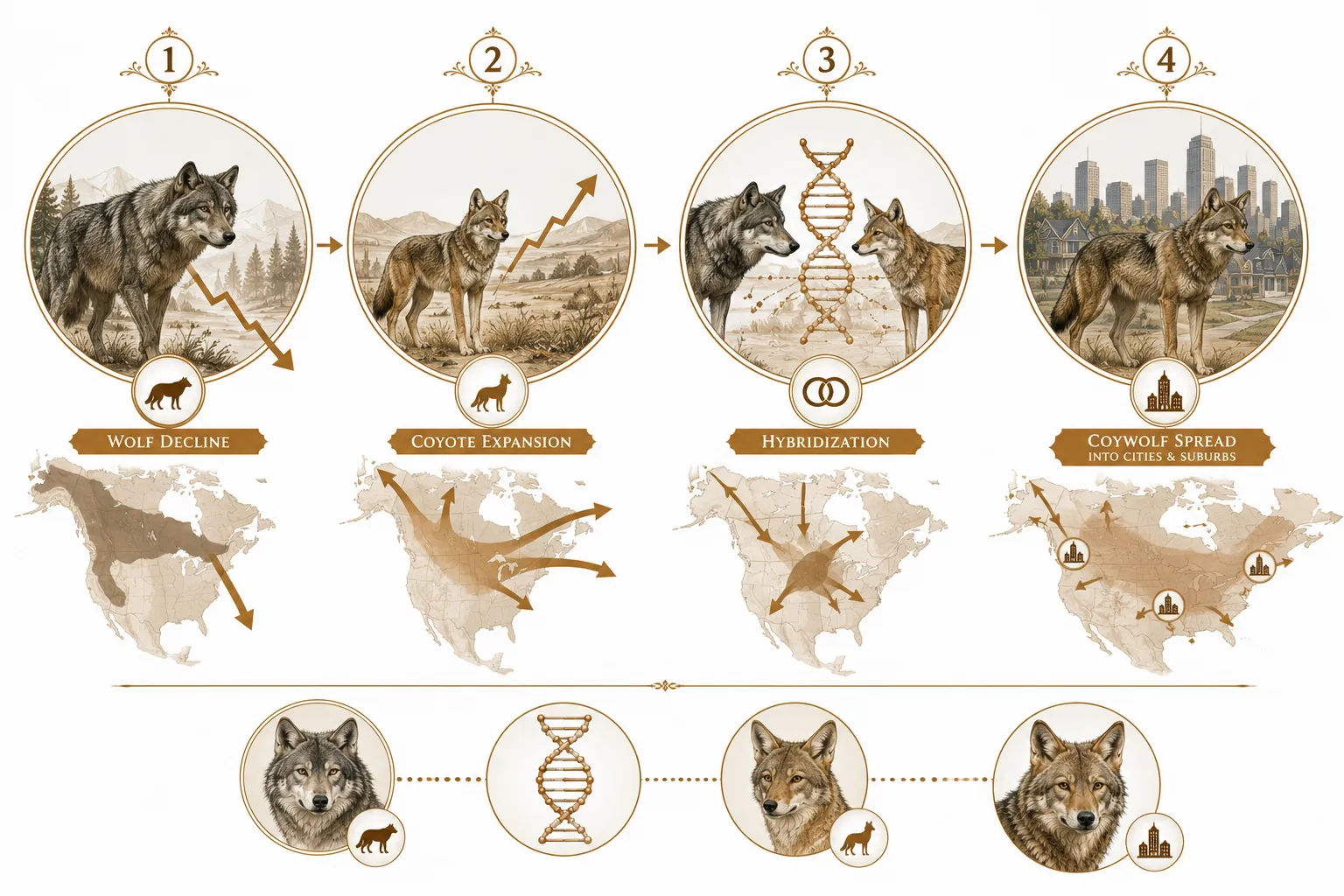 Timeline diagram showing coyote eastward expansion, wolf population decline, hybridisation events, and resulting coywolf spread