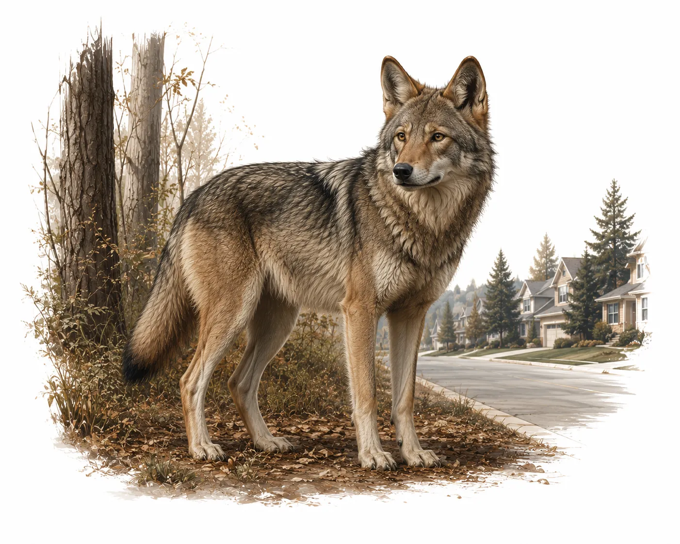 Editorial illustration of a coywolf in an urban setting, showing its intermediate features