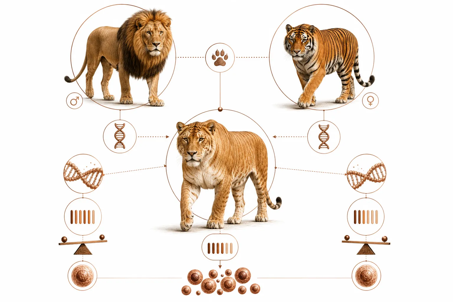 Diagram showing growth gene imprinting in lions vs tigers and what happens in each hybrid direction