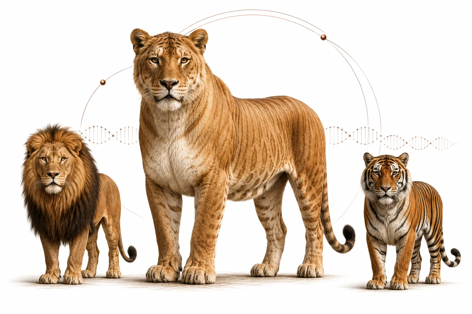 Editorial illustration of a liger alongside a lion and tiger for scale comparison