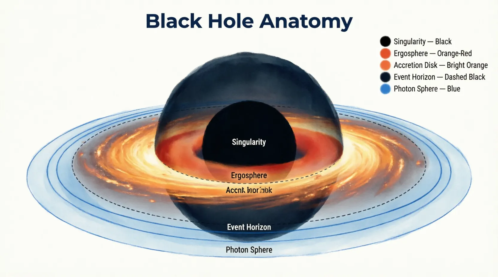 Cross-sectional diagram of black hole showing event horizon, photon sphere, and singularity