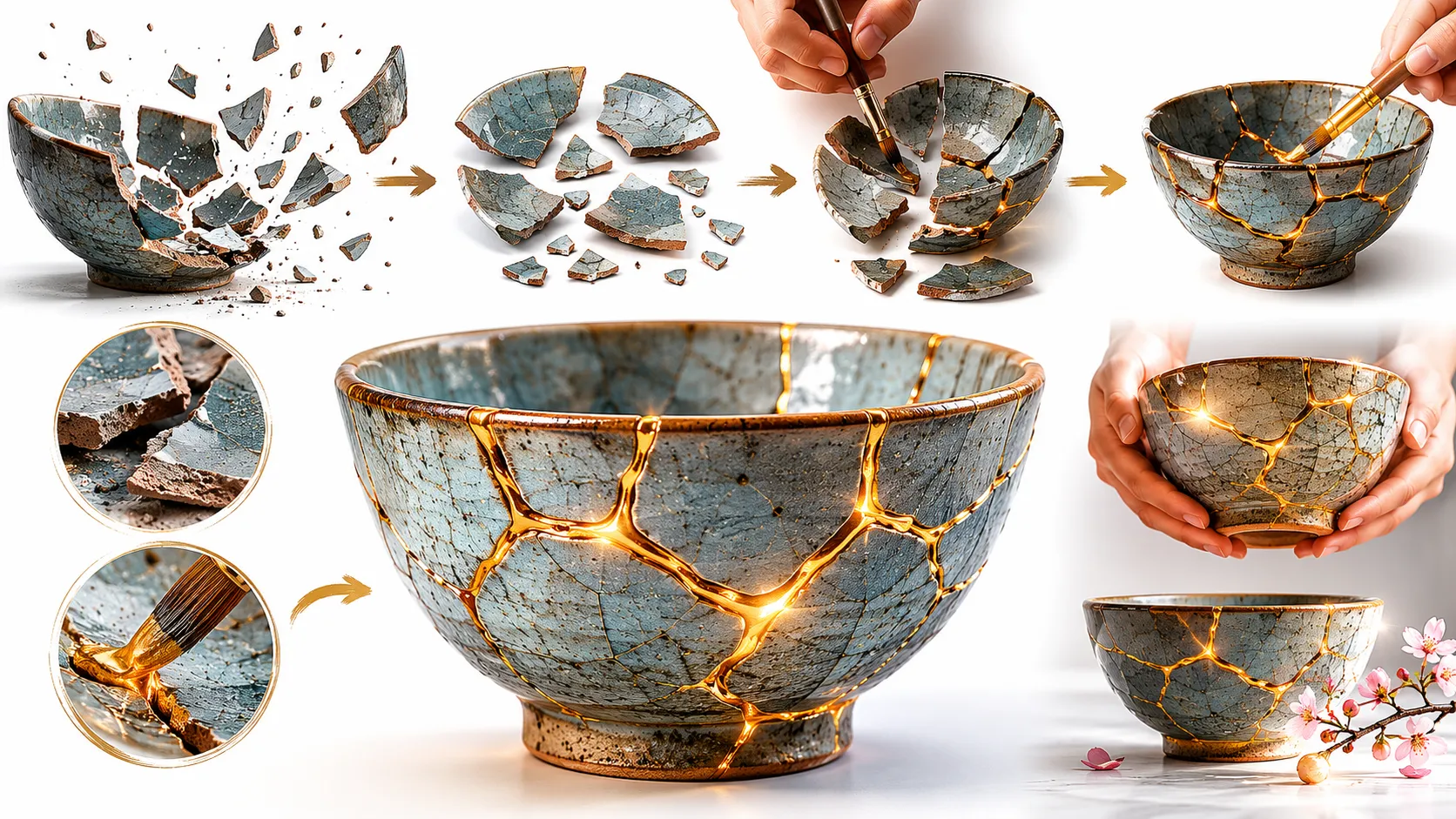 Diagram showing the five stages of Kintsugi from broken pieces to gold-sealed whole