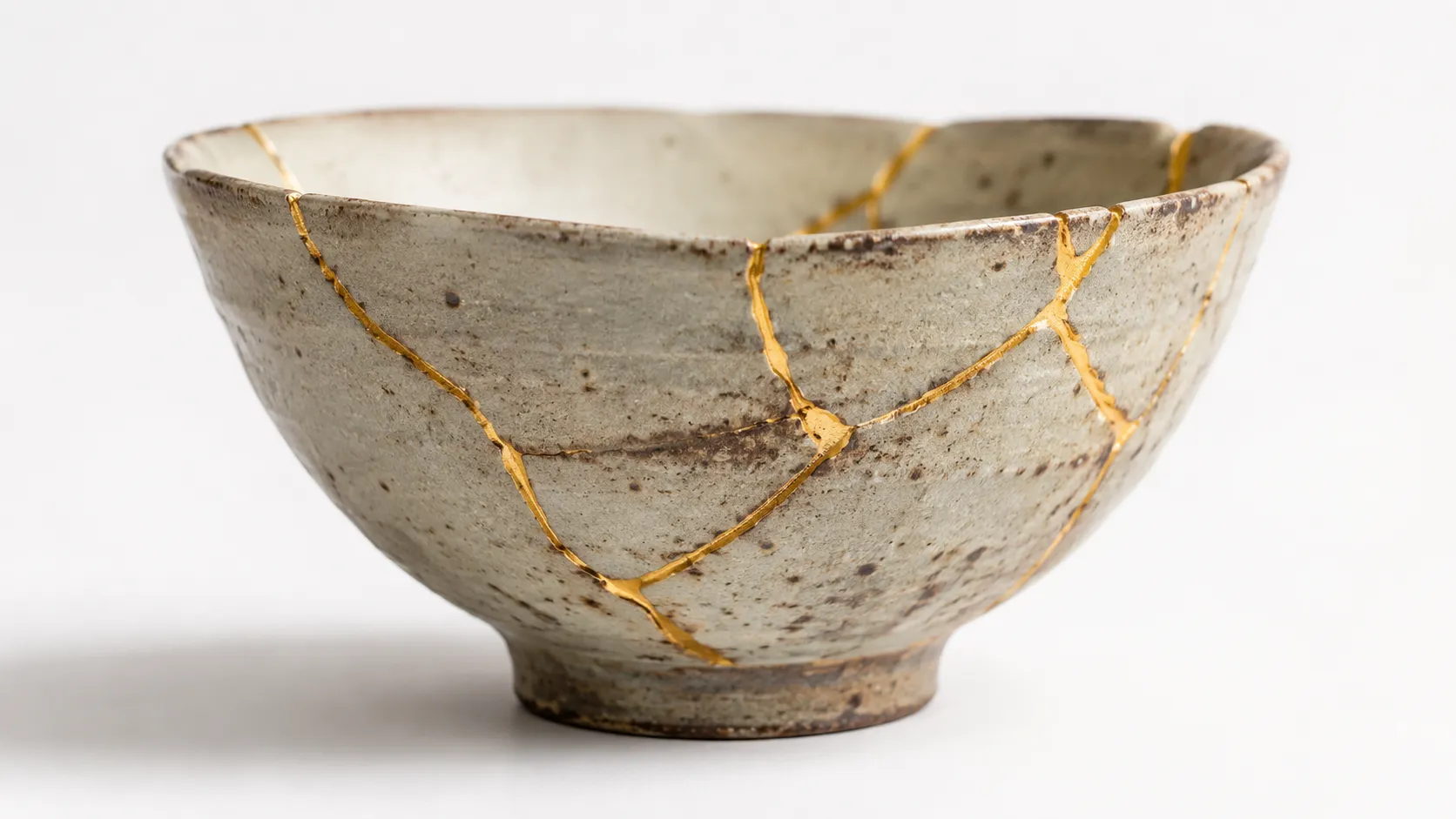 A ceramic bowl repaired with gold seams running across visible cracks