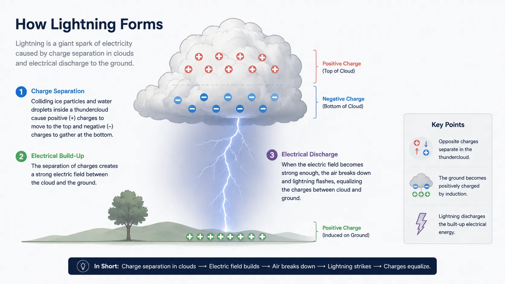 Diagram showing charge separation in a cloud, stepped leader descending, return stroke, and thunder production