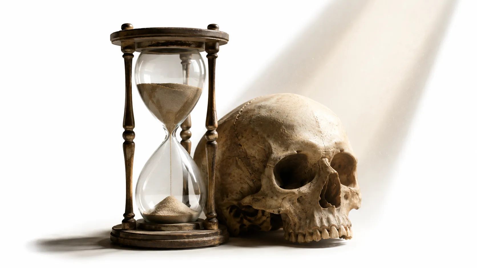 A skull on a desk beside a candle and a book, classic Memento Mori composition