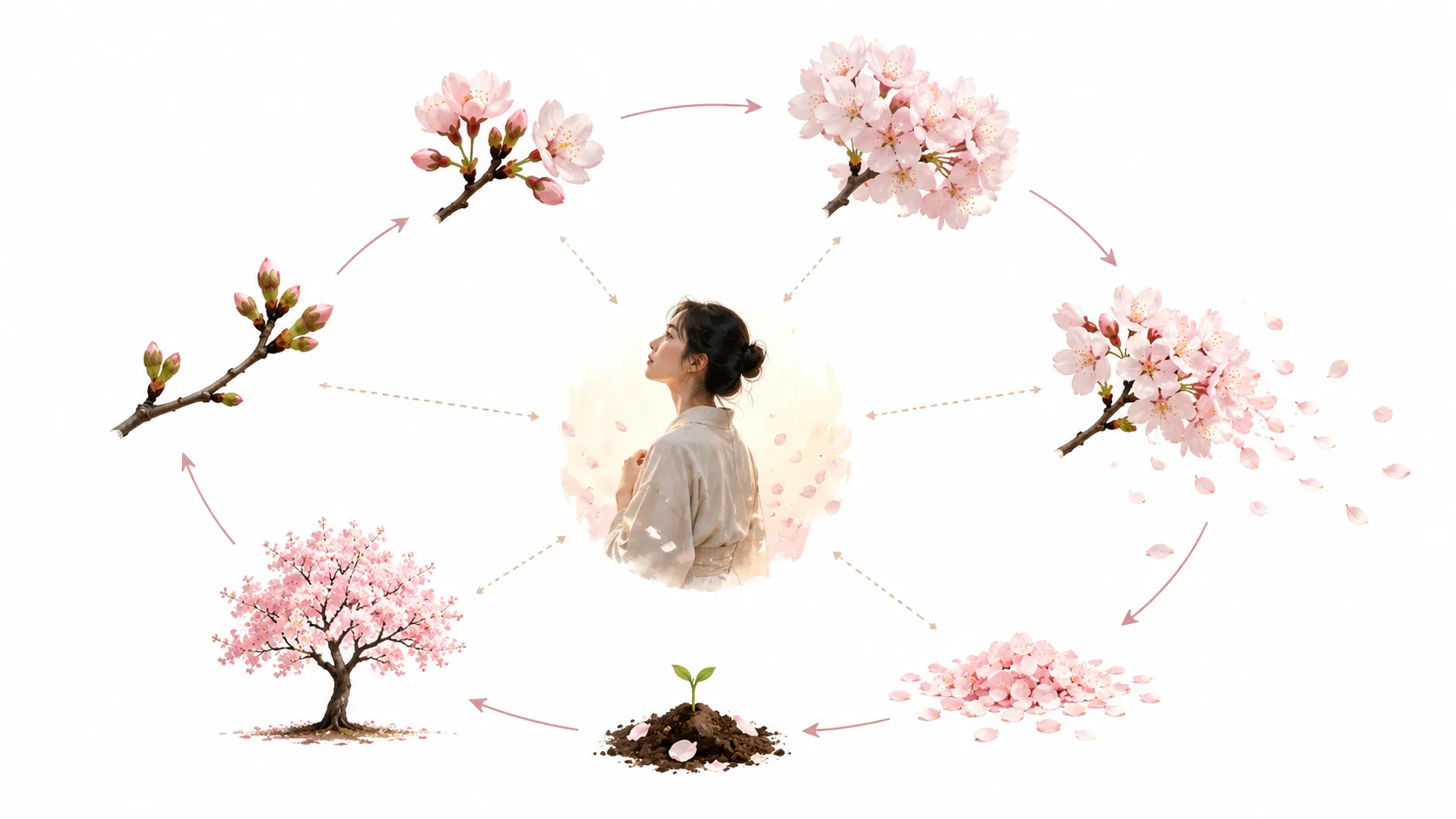 Diagram showing the components of Mono no Aware: beauty, awareness of ending, emotional resonance, and acceptance