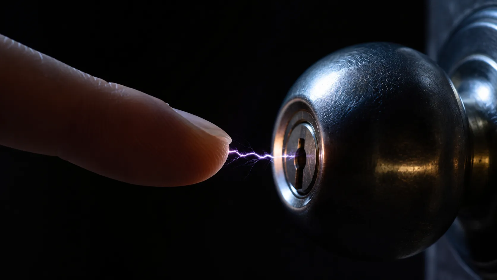 Person's hand approaching a metal doorknob with a visible small spark