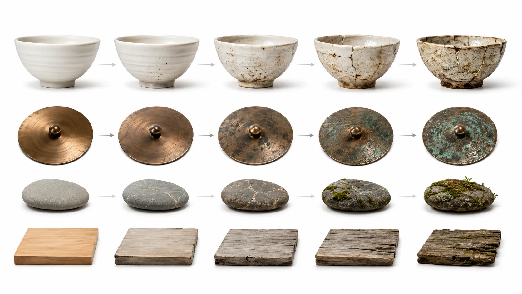 Diagram showing ordinary objects and how Wabi-Sabi reframes their apparent flaws as their defining beauty