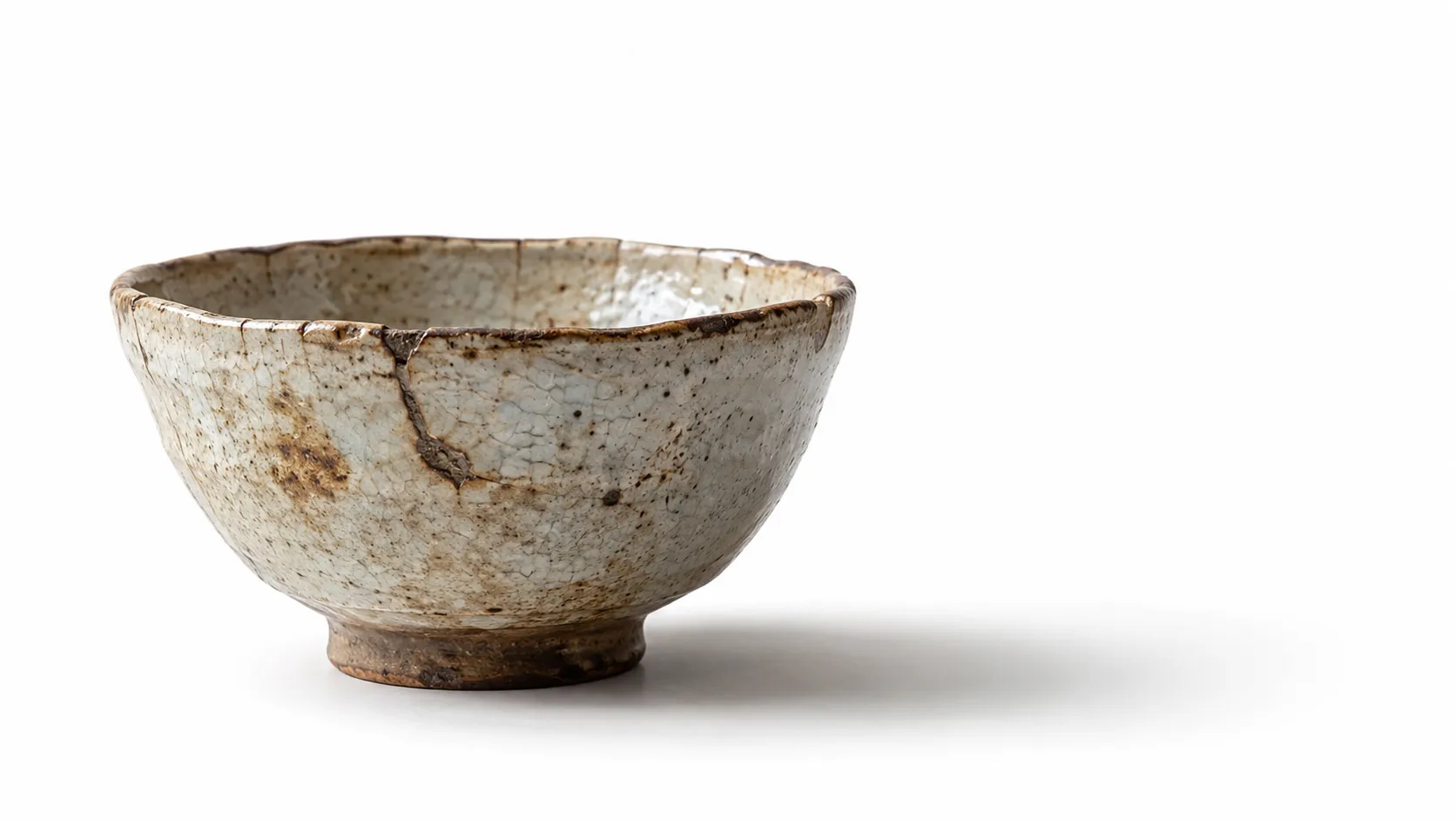 A weathered Japanese tea bowl with subtle cracks and an uneven glaze sitting on aged wood