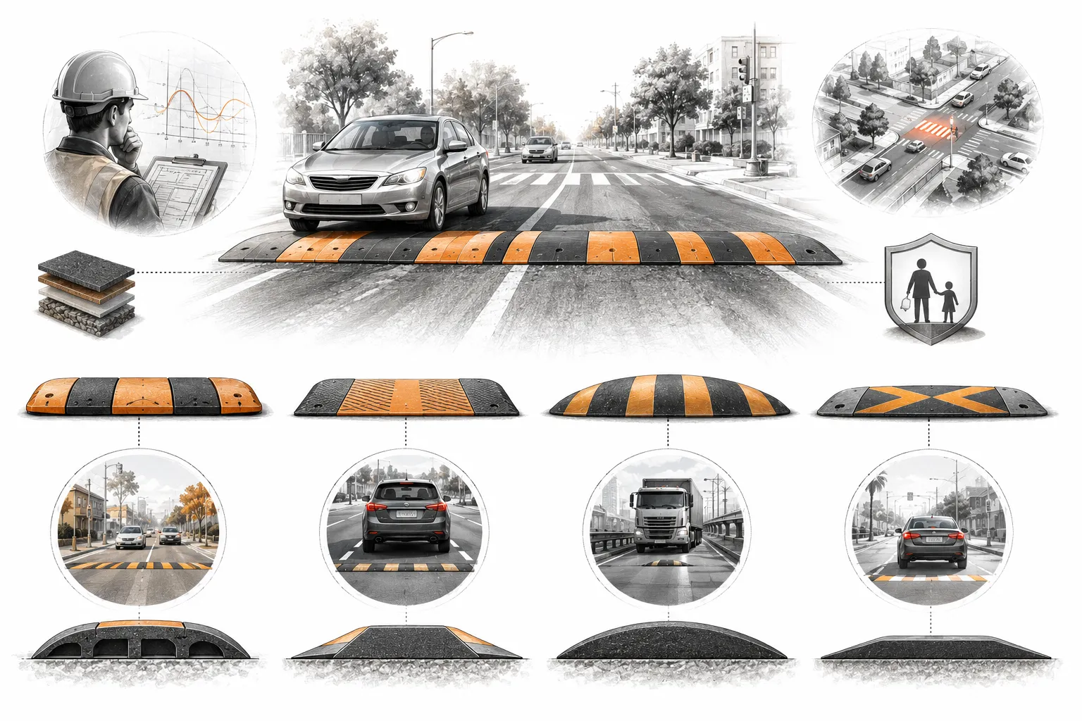 Different types of speed bumps on a residential road