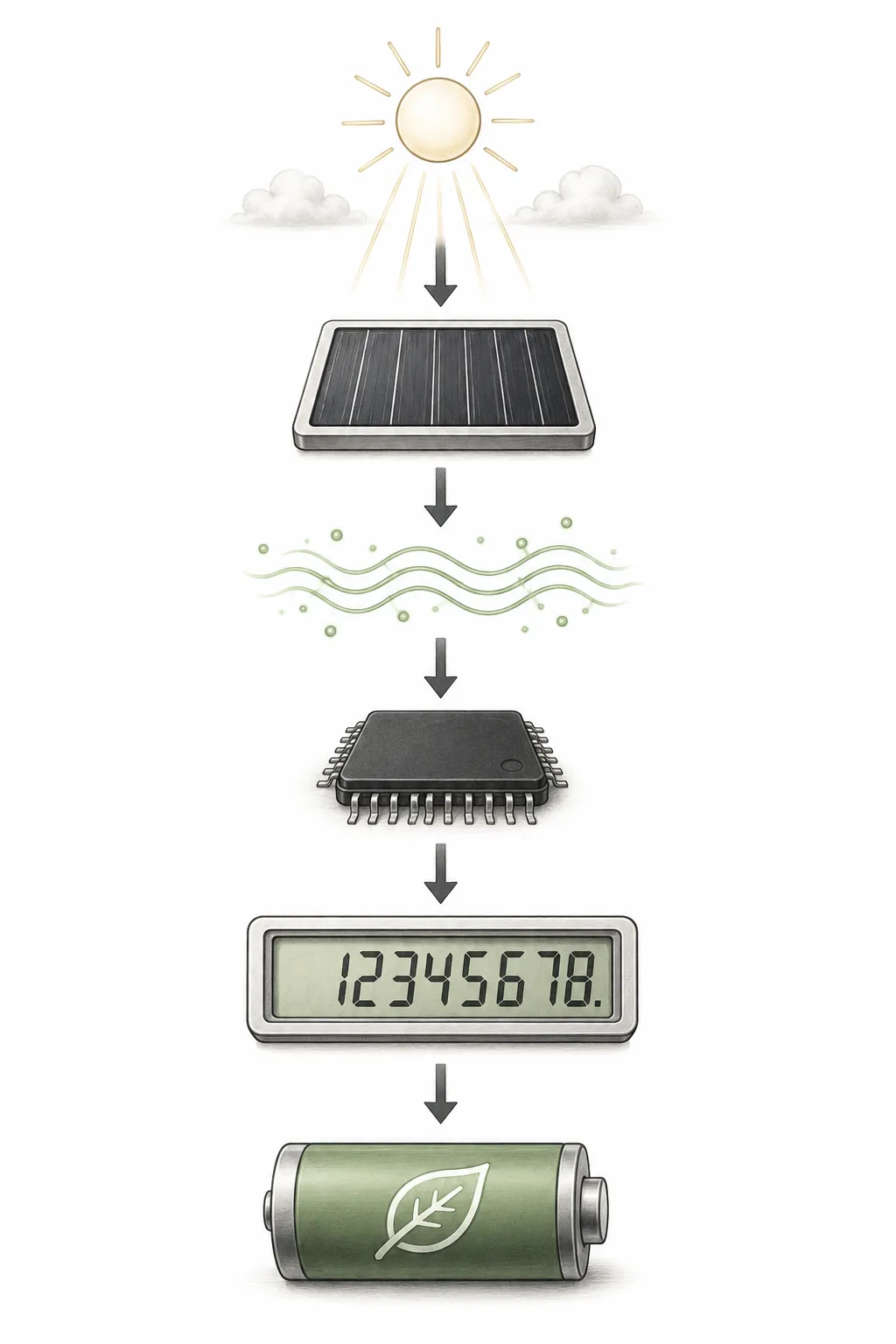 Flowchart showing light hitting amorphous silicon, powering a chip, and lighting an LCD