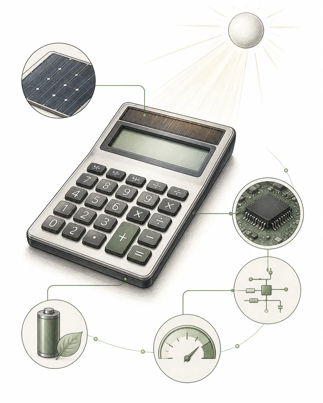 The strip of dark solar cells across the top of a classic calculator