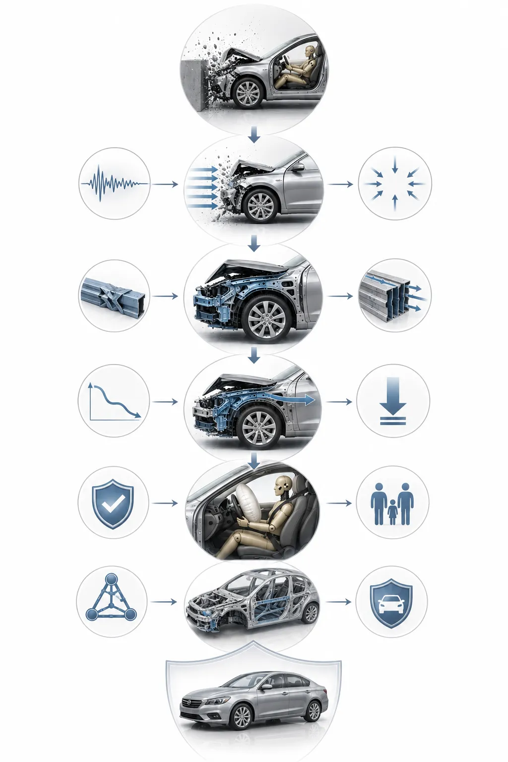 Diagram showing how car crumple zones protect passengers