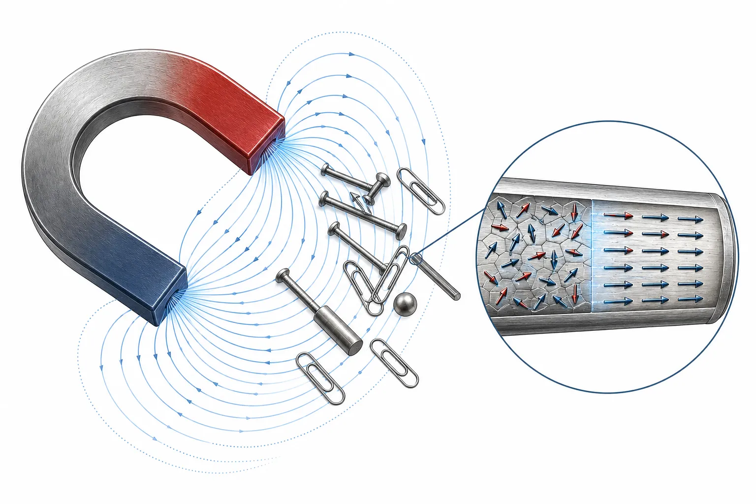 Diagram showing a magnet aligning domains inside a piece of metal