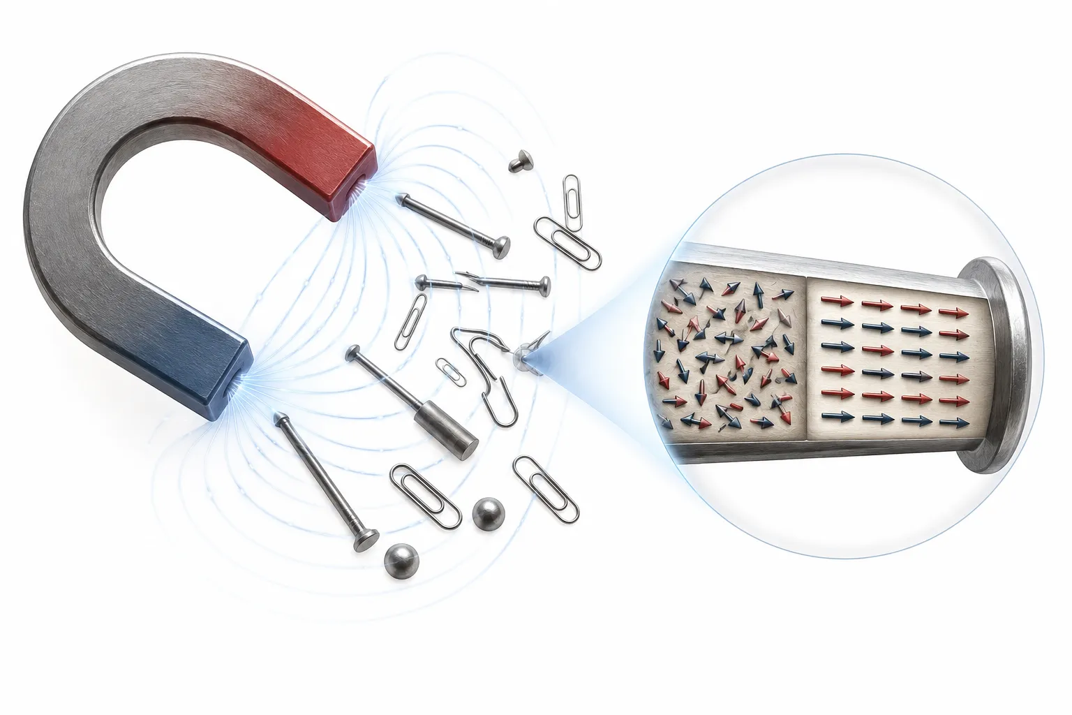 Editorial illustration of a magnet pulling paperclips while tiny magnetic domains inside metal line up