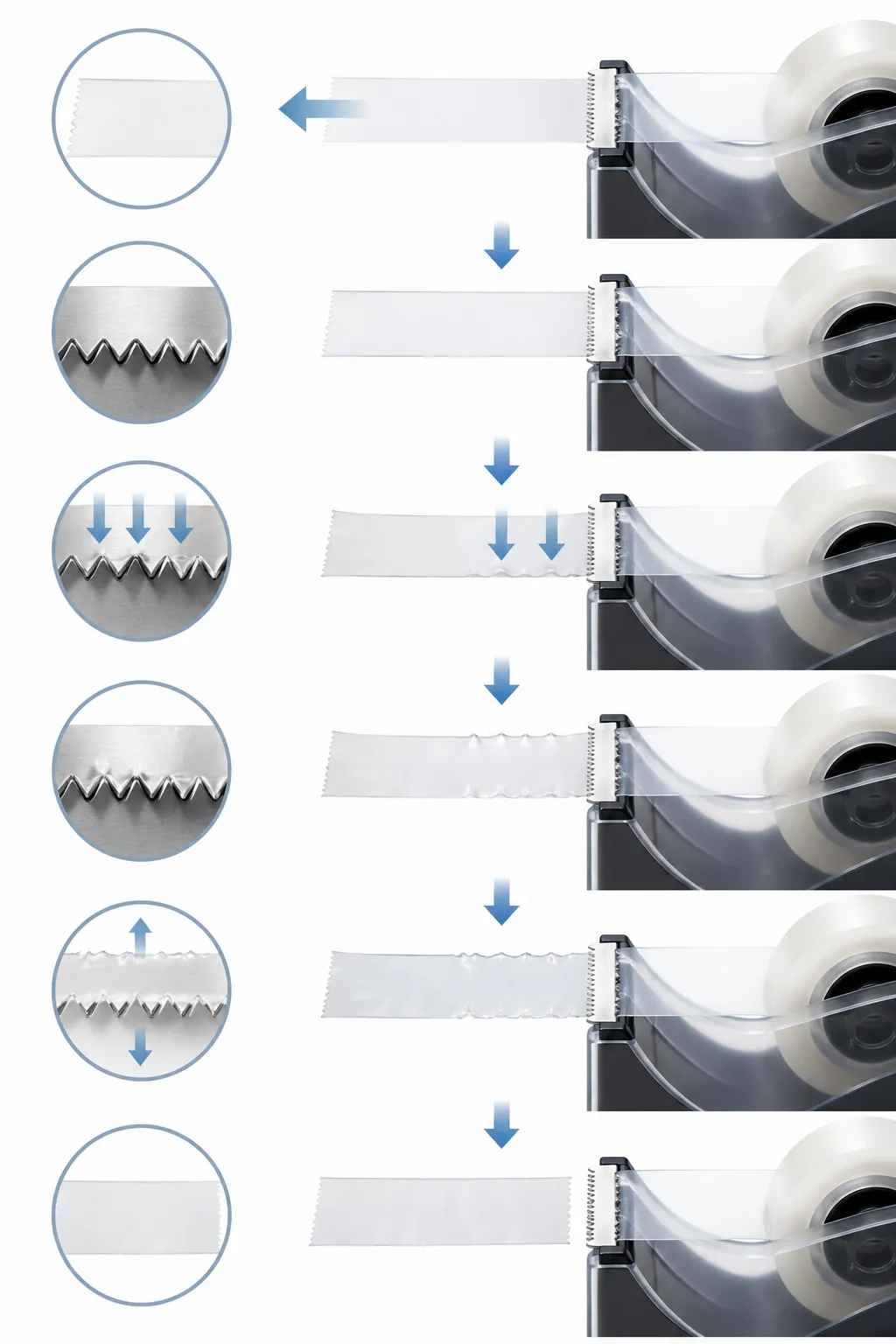 Diagram showing force distribution on flat tape vs tape against a serrated edge