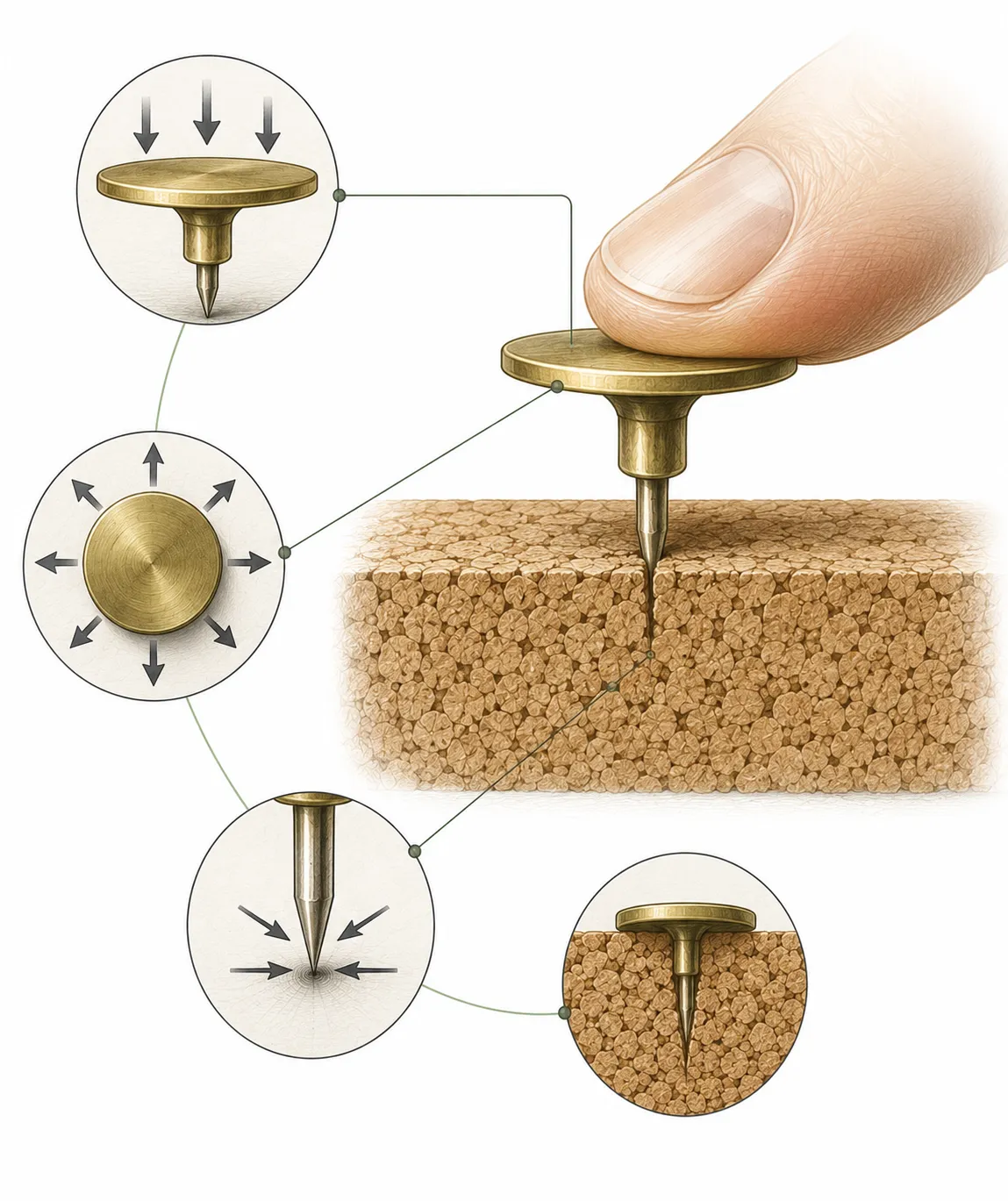 Diagram showing force spread over the large flat head vs force concentrated at the sharp point