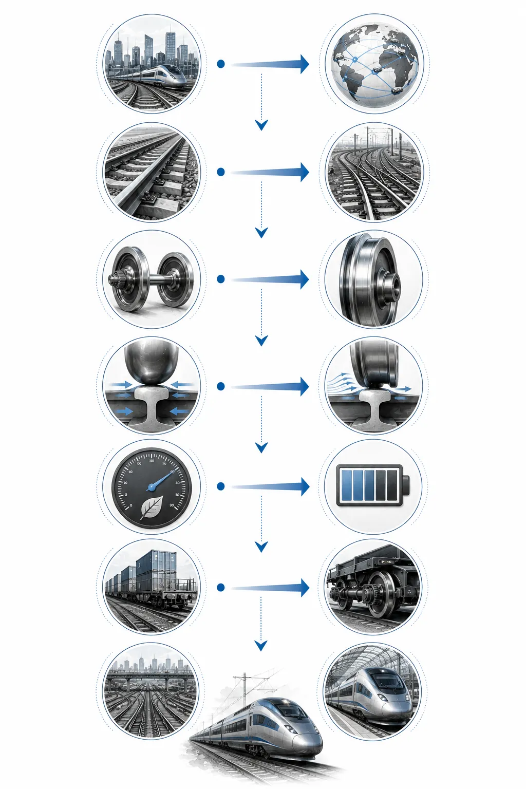 Diagram showing how steel train wheels roll on steel rails
