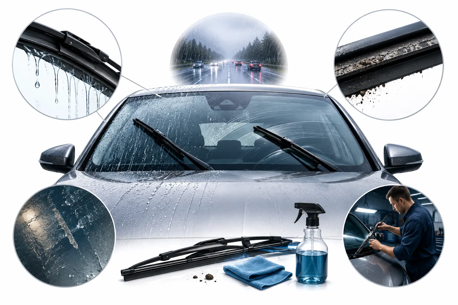 Windscreen with wiper streaks during rain
