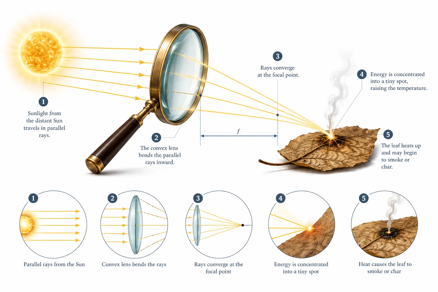 Diagram showing a magnifying glass focusing sunlight into a hot spot