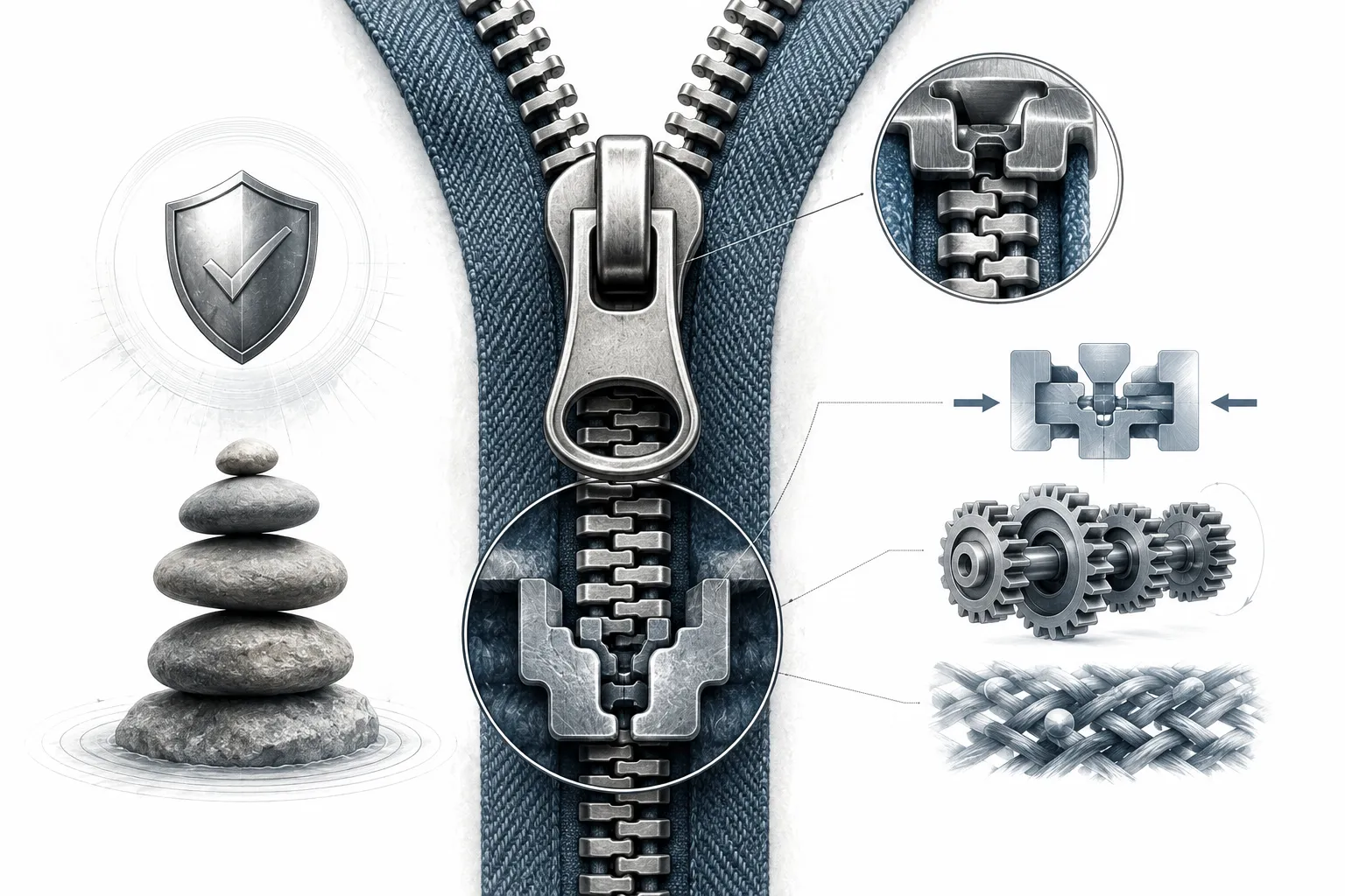 Editorial illustration of a cross-section of a zipper slider, showing the internal wedge pushing two teeth together