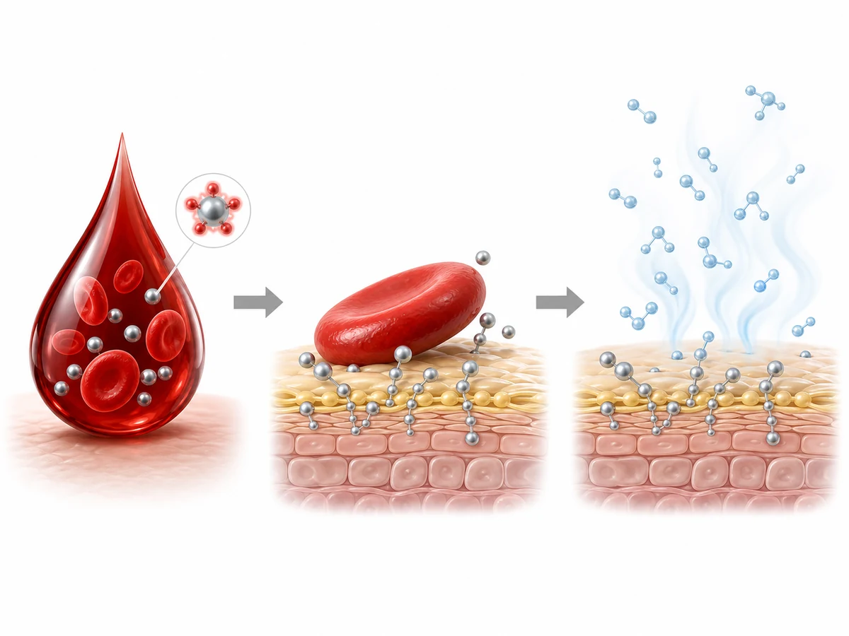 Diagram showing iron in blood reacting with skin lipids to produce an odor compound