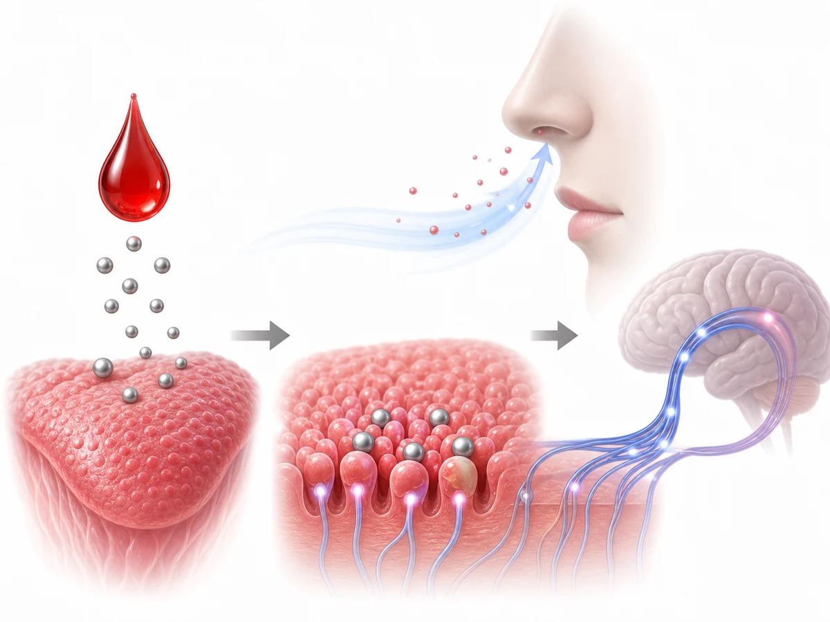 Diagram showing taste receptors and the olfactory system both contributing to a metallic sensation