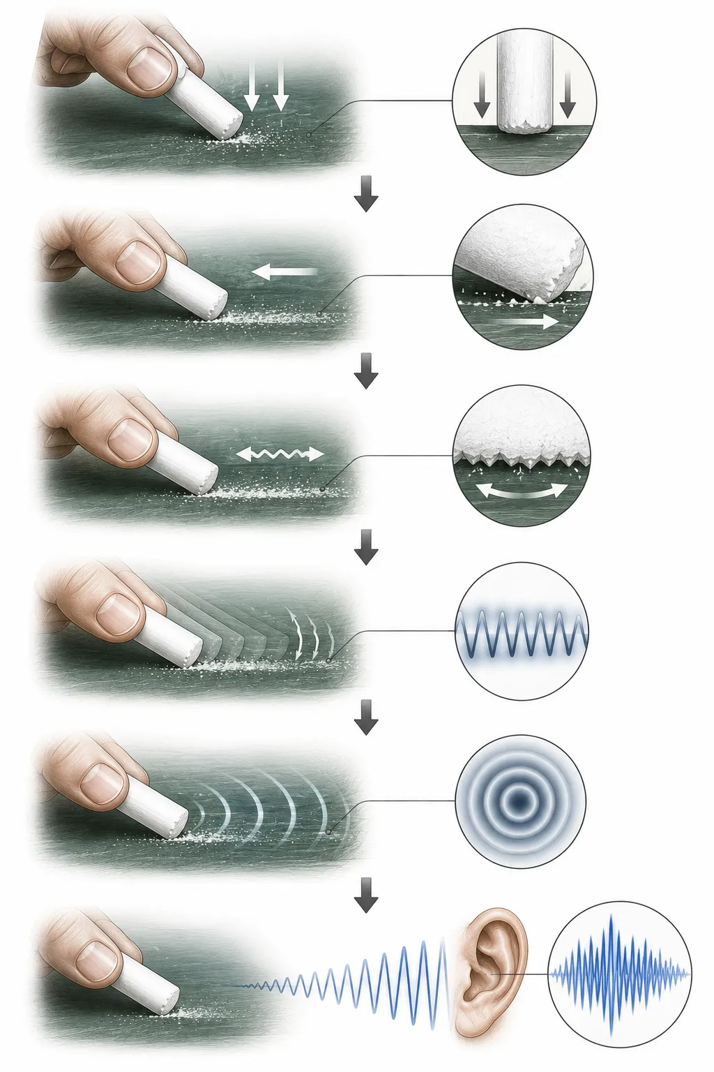 Sequence diagram showing chalk sticking, bending, and slipping on a board surface
