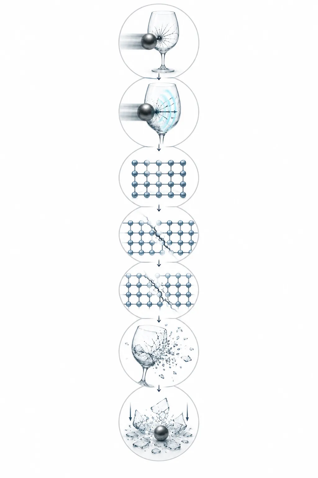 Diagram showing impact cracks spreading through brittle glass