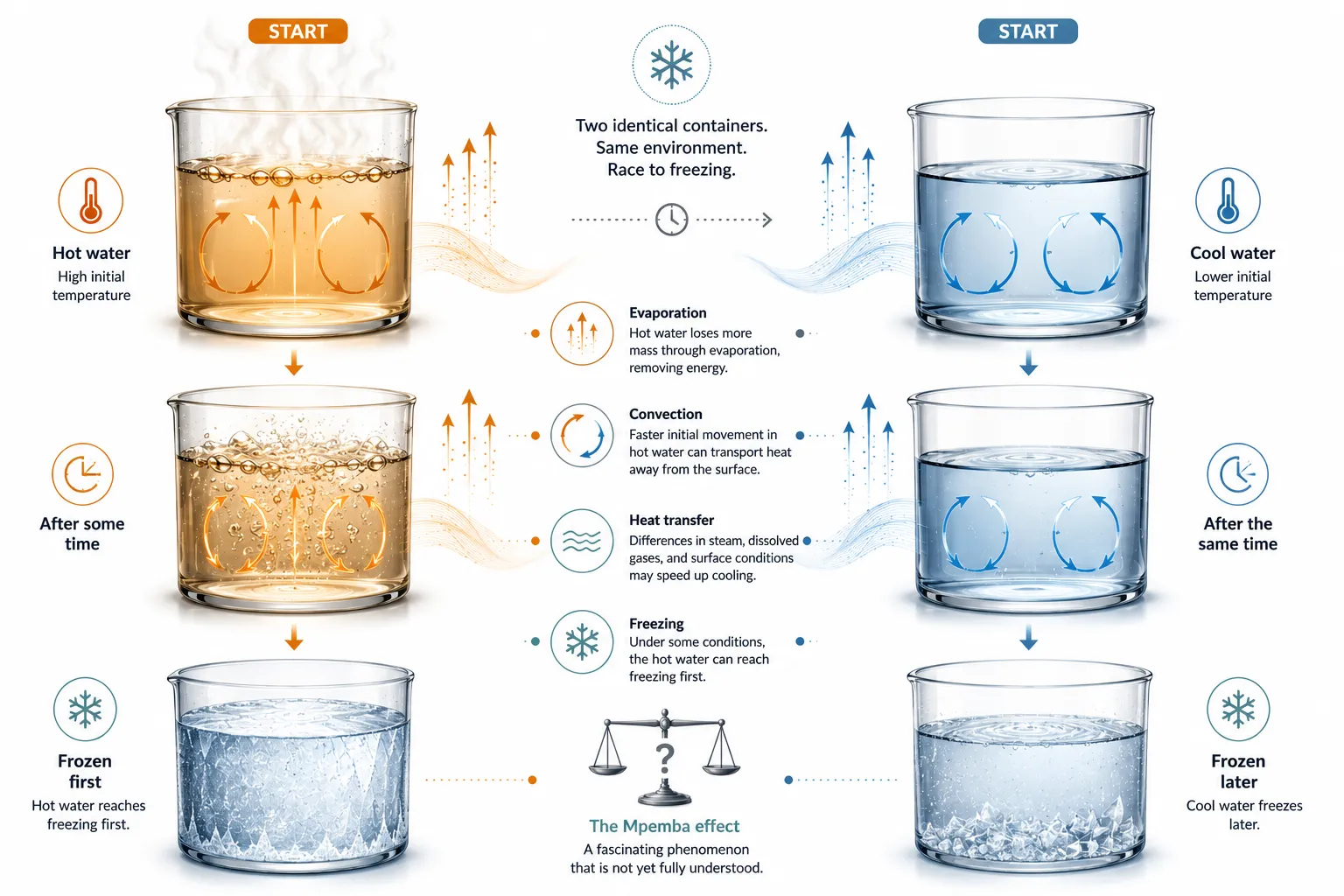 Diagram showing evaporation, convection, and cooling paths in the Mpemba effect