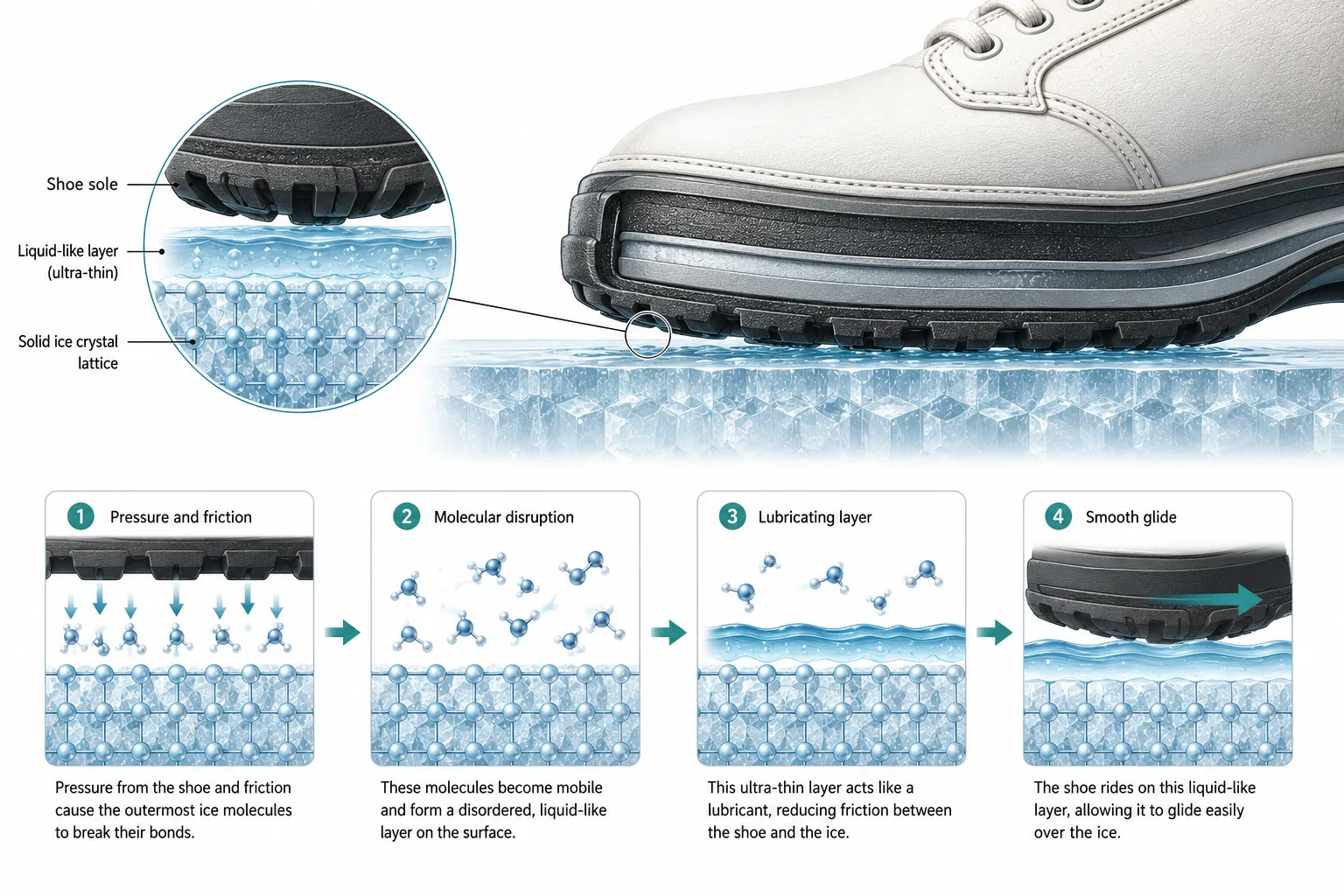 Diagram showing a thin slippery surface layer on ice under a shoe or skate